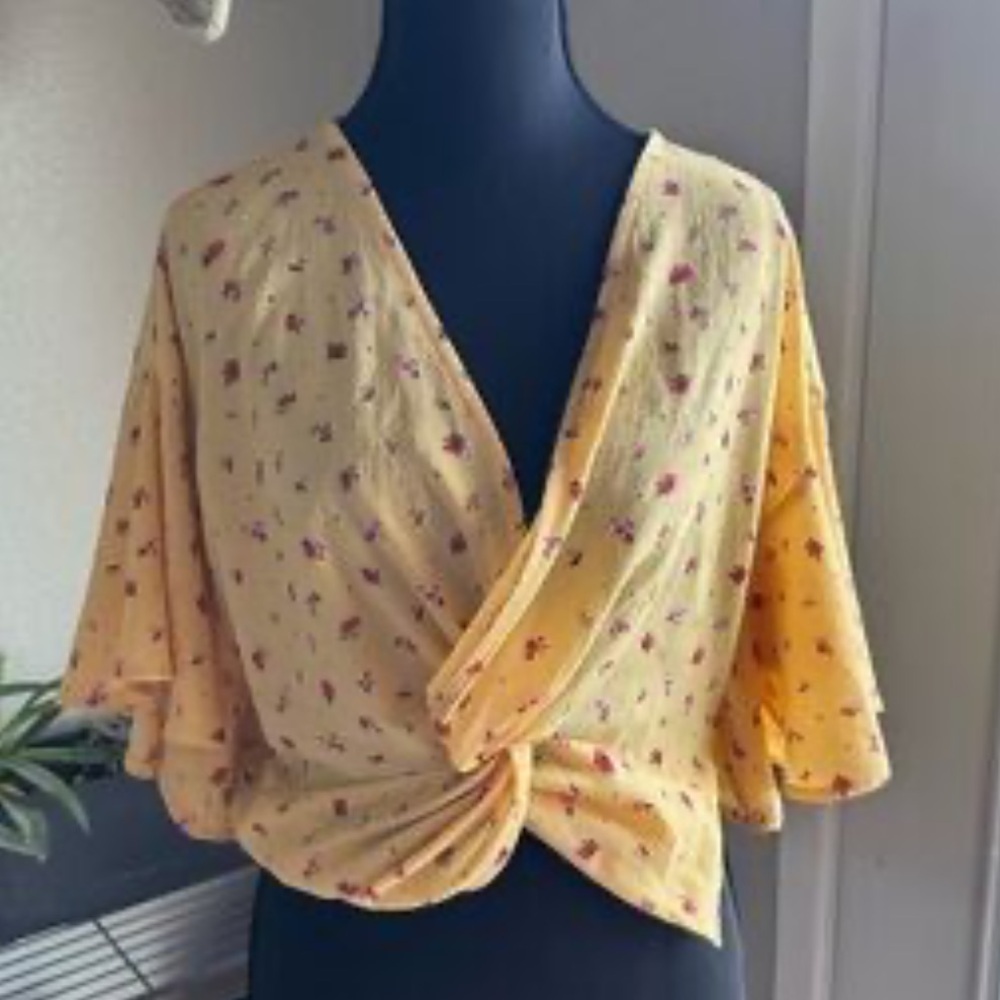 Papaya Yellow Floral Large Blouse Scrounge Crop with Lace Accent Tank Bralette - Picture 7 of 7